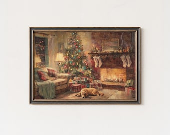 May include: A framed painting depicts a cozy Christmas scene. A decorated tree stands near a fireplace with stockings. A dog rests on the floor near wrapped gifts. A sofa and lamp are also visible, creating a warm, inviting atmosphere.