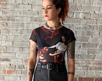Judith beheading Holofrenes - Caravaggio, 1598 - transparent / see through / printed MESH crop top - dark art - gothic baroque mesh top