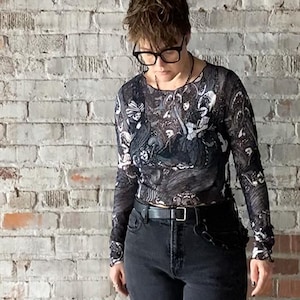 Aubrey Beardsley illustration art - cave of spleen - transparent / see through / MESH crop top - gothic - goth black and white printed top