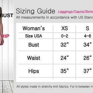 May include: Sizing guide for leggings, capris, skirts, and dresses. The chart shows US women's sizes XS to XL with corresponding bust, waist, and hip measurements in inches.