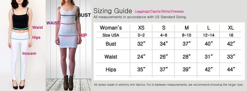 May include: Sizing guide for leggings, capris, skirts, and dresses. The chart shows US women's sizes XS to XL with corresponding bust, waist, and hip measurements in inches.