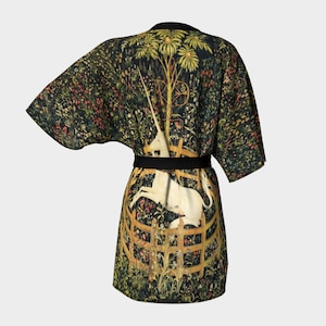 the unicorn is in captivity and no longer dead tapestry print - the unicorn tapestries - printed kimono