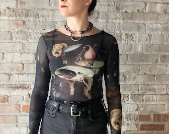garden of earthly delights print - hieronymus bosch - transparent / see through / MESH long sleeve crop top - dark gothic  - hell panel art