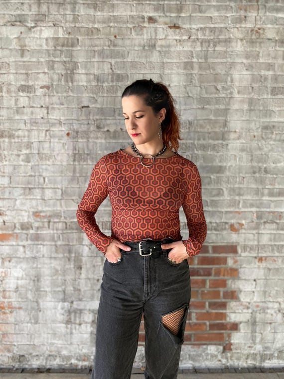 the shining - transparent / see through / MESH long sleeve crop top - hallway carpet pattern, goth top, horror film, cult classic