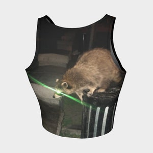 May include: A raccoon with green laser eyes is perched on a black trash can. The raccoon is looking down at the laser beam. The background is dark and blurry.