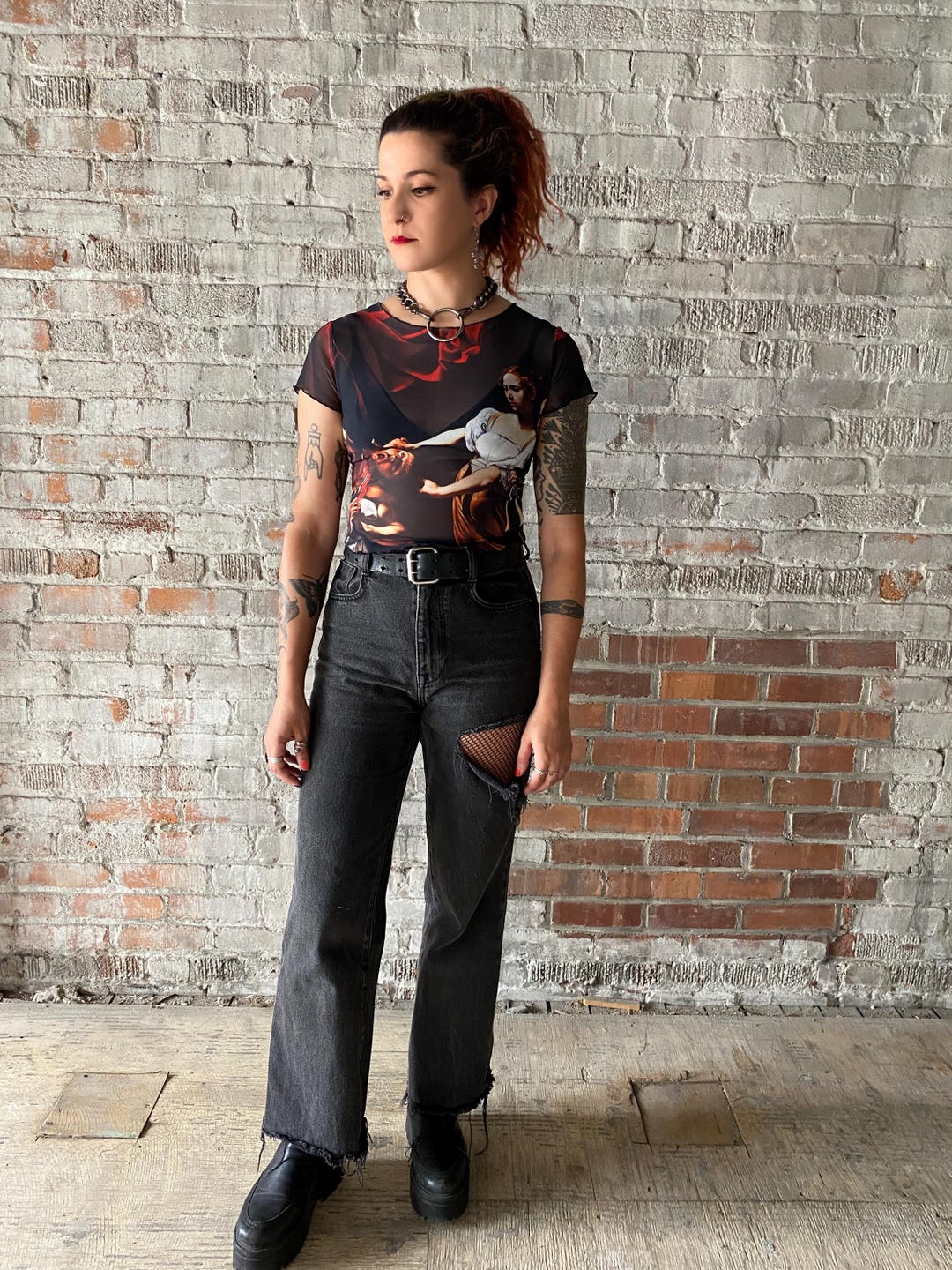 Judith beheading Holofrenes - Caravaggio, 1598 - transparent / see through / printed MESH crop top - dark art - gothic baroque mesh top