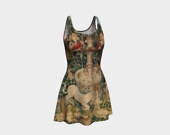 the unicorn is found - unicorn tapestries - printed flared dress - clothing