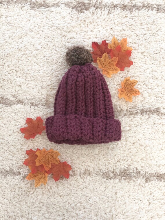 Beanie Pom Pom Hat Dark Purple | Etsy 