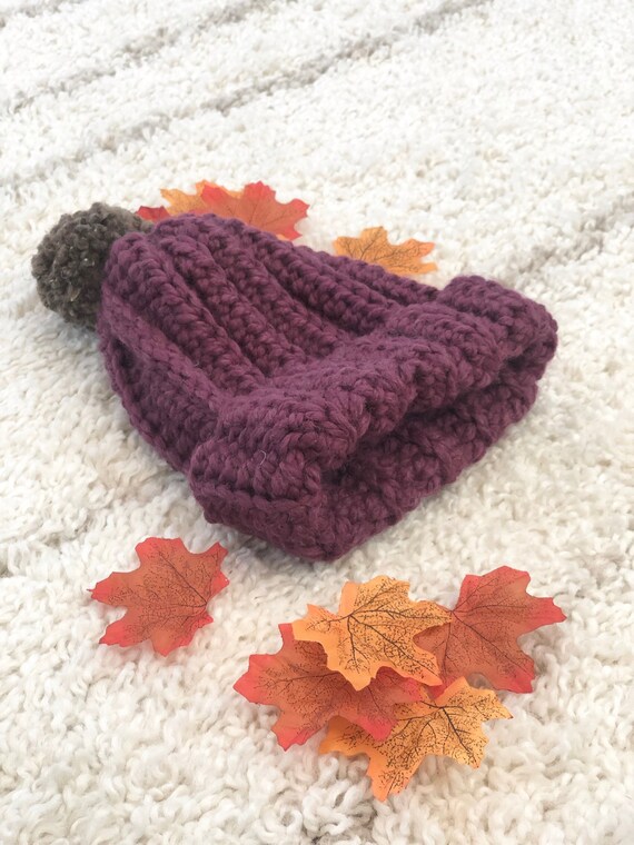 Beanie Pom Pom Hat Dark Purple | Etsy 