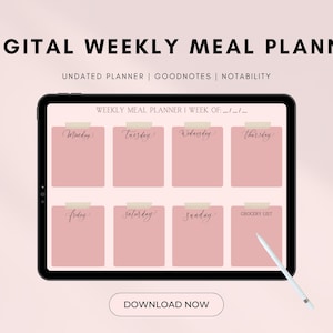 May include: A digital weekly meal planner template for Goodnotes and Notability apps. The template features a pink background with seven boxes for each day of the week, a grocery list box, and the text "WEEKLY MEAL PLANNER | WEEK OF: /_/_/" at the top.