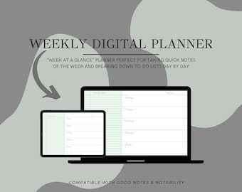 Digital Weekly Planner, Digital Week at a Glance, Digital Weekly Calendar, GoodNotes Calendar, Weekly Overview, Undated Weekly Planner