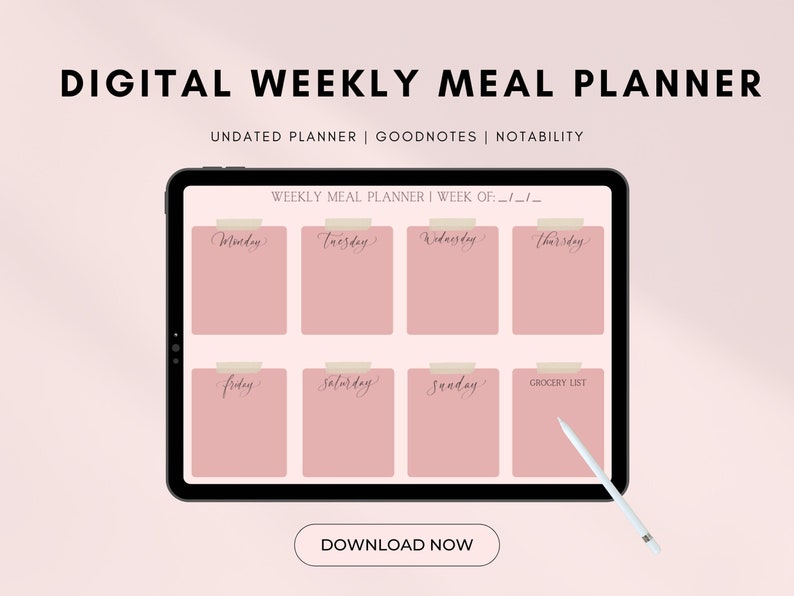 May include: A digital weekly meal planner template for Goodnotes and Notability apps. The template features a pink background with seven boxes for each day of the week, a grocery list box, and the text "WEEKLY MEAL PLANNER | WEEK OF: /_/_/" at the top.
