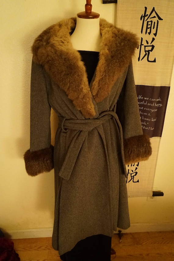 Vintage Wool Princess Belted Fox Fur Coat Women's 