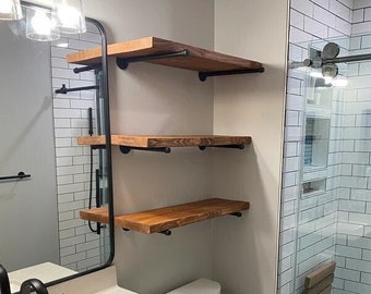 Rustic Wood Industrial Pipe Shelf - *12 inch Deep* | Rustic Wood Shelves | Reclaimed Wood Shelf | Pipe Wood Shelf | Bathroom |  Chic Shelves