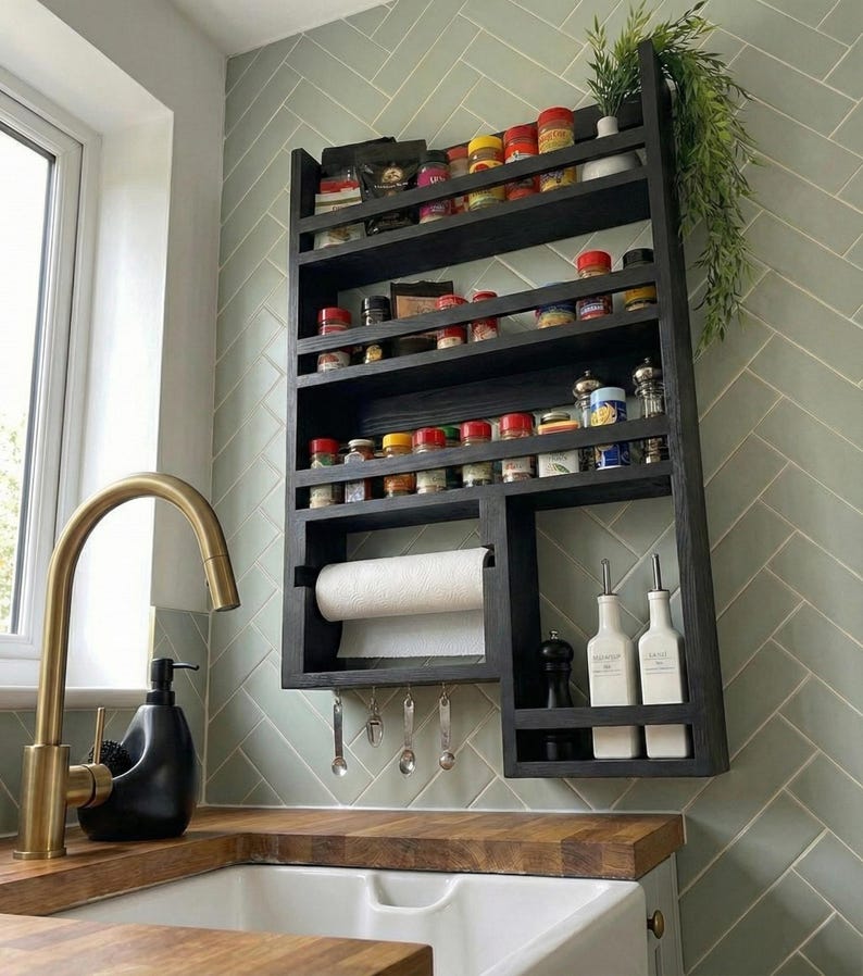 May include: A black wooden spice rack with multiple shelves, holding various spice jars. It includes a paper towel holder, small hanging spoons, and a section for oil bottles. The rack is mounted on a light green tiled wall.