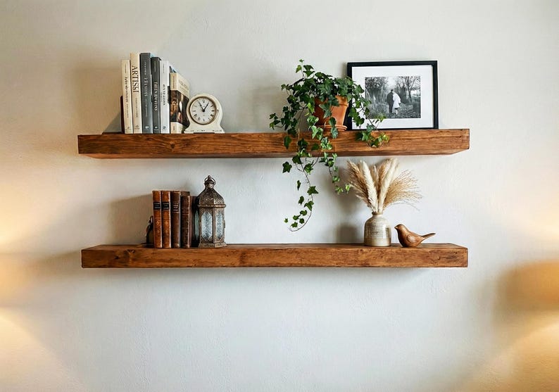 May include: Two rustic, wooden floating shelves mounted on a white wall. The top shelf holds books, a clock, and a potted plant. The bottom shelf displays books, a lantern, a vase, and a wooden bird. The shelves are stained a warm brown.