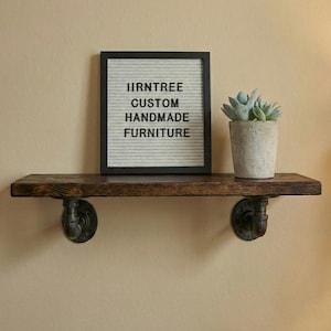 May include: A dark-stained wooden shelf with black pipe fittings. A framed letter board displays "IIRNTREE CUSTOM HANDMADE FURNITURE." A small potted succulent sits on the shelf. The shelf is mounted on a cream-coloured wall.