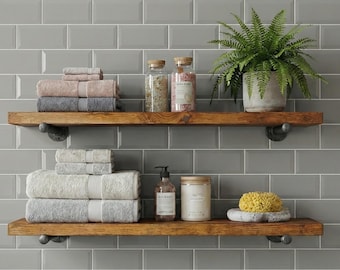 Rustic Wood Pipe Shelf - 7 inches deep