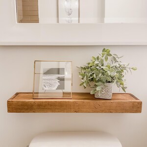 May include: A wooden floating shelf with a framed black and white photograph and a small potted plant. The shelf is mounted above a white toilet. A framed feather art piece is visible in the background.