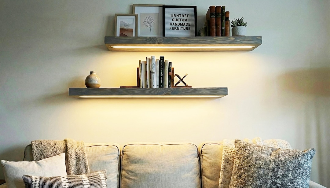 SET of TWO - 12" Deep LED Wood Floating Shelf - 3" Thick - Etsy