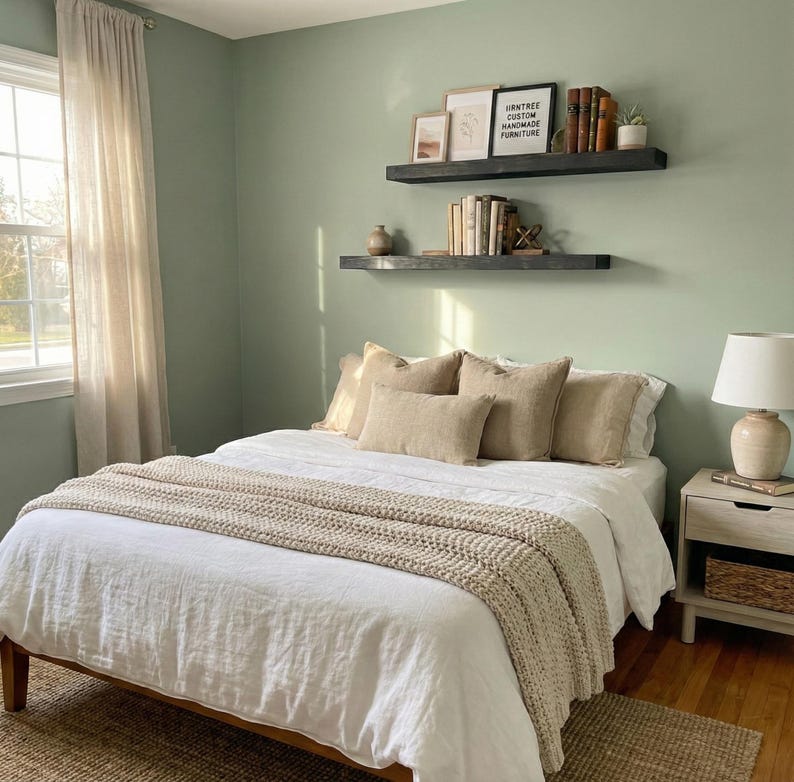 May include: A bedroom with a bed covered in white linens, beige pillows, and a chunky knit throw. Two floating shelves on the wall display books, framed art, and decorative items. A bedside table with a lamp and a woven basket is on the right.