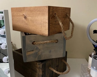 Farmhouse Storage Box | Wooden Box | Rope Handles | Wooden Basket | Wooden Crate | Solid Wood Crate | Cube Crate | Countertop Storage Box