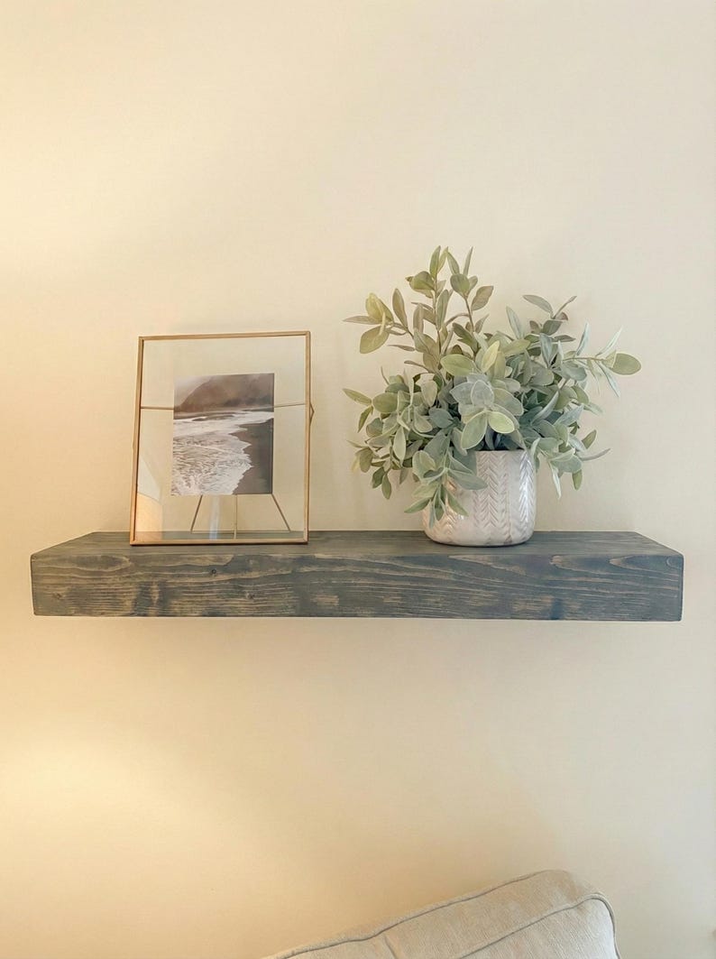 May include: A dark gray wooden floating shelf with a framed picture and a potted plant. The picture is a landscape scene in a gold frame. The plant is in a white patterned pot.