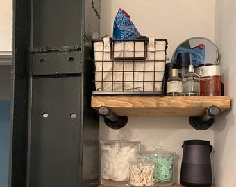 Rustic Wood Industrial Pipe Shelf | 9&quot; Deep | Rustic Wood Shelves | Reclaimed Style Shelf | Farmhouse Kitchen Shelf | Iron Pipe Brackets