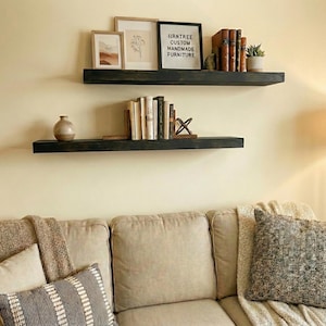 May include: Two dark stained wooden floating shelves mounted on a beige wall. The top shelf holds framed art, books, and a small plant. The bottom shelf displays books and a decorative vase. The text on the sign reads "IRNTREE CUSTOM HANDMADE FURNITURE."