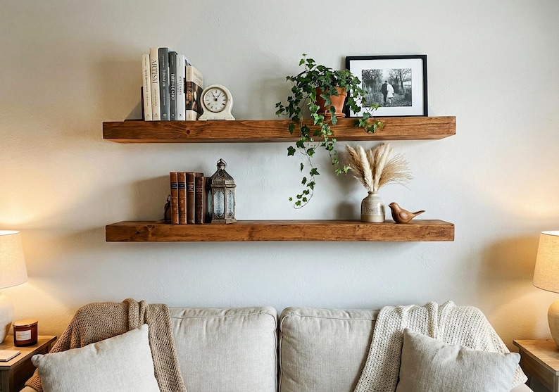 May include: Two rustic, wooden floating shelves mounted on a light-colored wall. The top shelf holds books, a clock, and a potted plant. The bottom shelf displays books, a lantern, a vase with dried flowers, and a wooden bird figurine. A sofa is below.
