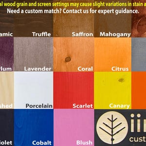 May include: A color chart featuring wood stain samples with names like Carbon, Balsamic, and Truffle. Other colors include Moss, Plum, and Lavender. The image also includes the text "iirntree customized furniture."