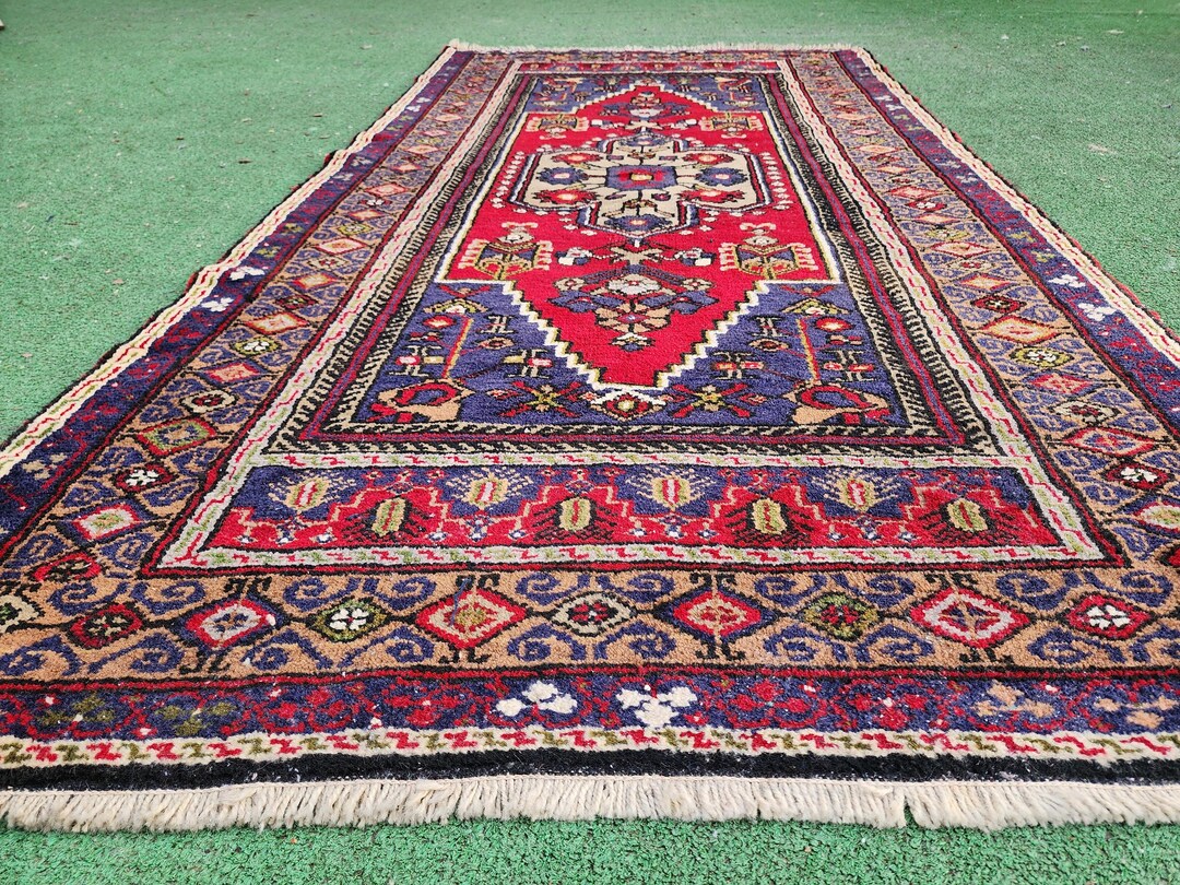 Vintage Turkish Wool Rug: 6x3 Red, Blue, Brown Floral Persian Rug - Etsy