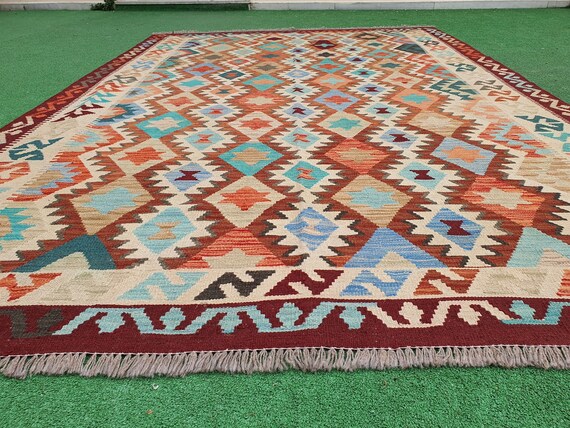 Afghan Kilim Rug, 4 x 3 ft Blue Red and Off-White Contemporary Rug
