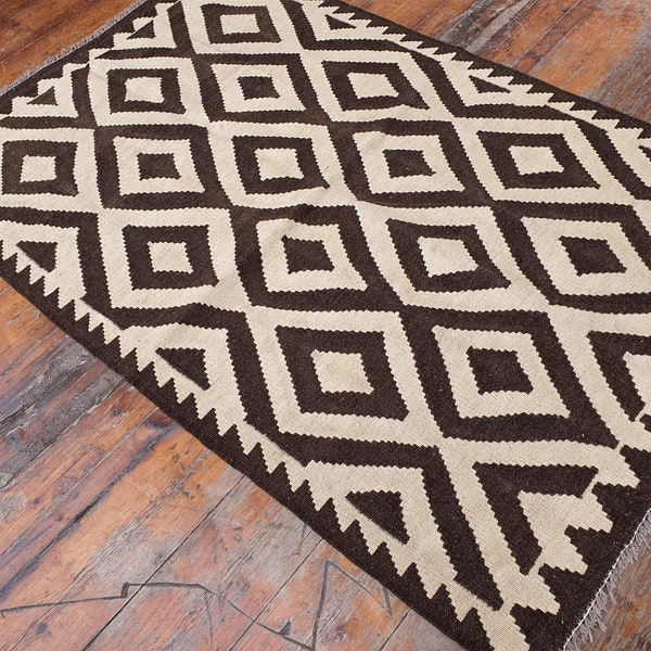 Afghan Kilim Rug 4 x 3 ft Brown White Vintage Turkish Floor Rug, Handmade Natural Wool Persian Area Rug, Boho Retro Aztec Southwestern Decor