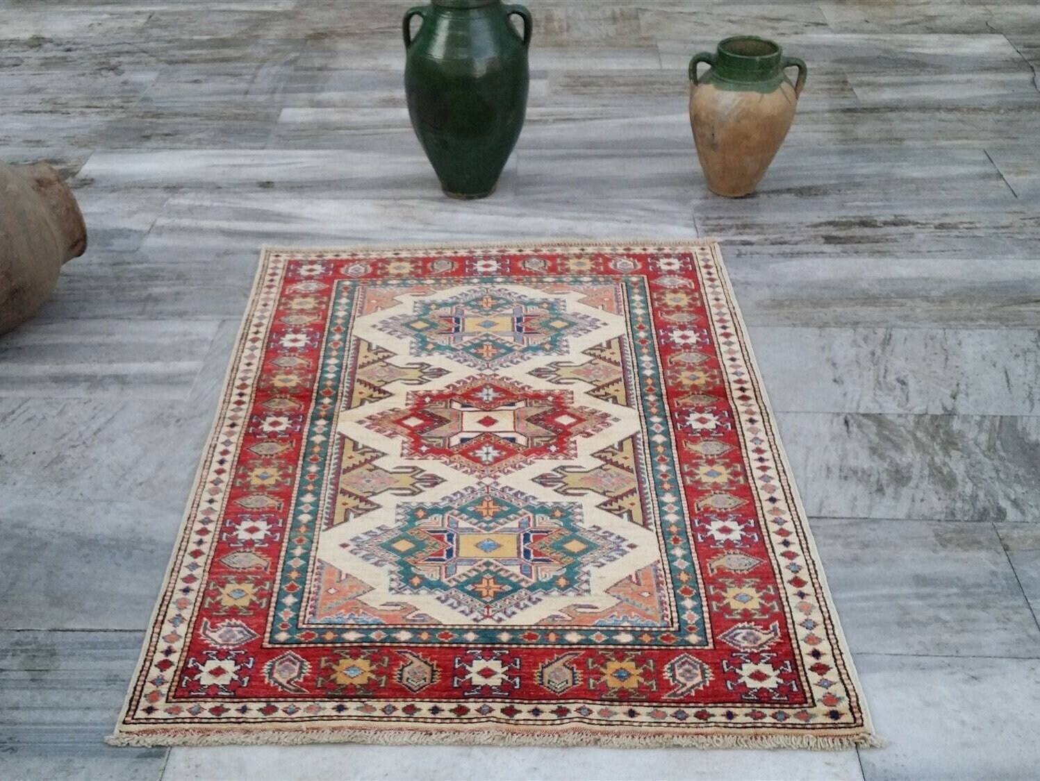 Small 4x3 Handmade Kazak Geometric Rug Caucasian Hand Knotted Handwoven  Woolen