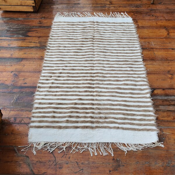 Siirt Vintage Turkish Rug, 4 ft 2 in x 2 ft 6 in, Brown and Off-White Angora Kilim Rug Handmade from Goat Wool