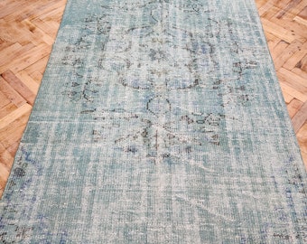 Tapis vintage surteint, tapis recyclé bleu turquoise pâle, tapis vieilli en laine bohème fait main au design oriental, carpette perse, 7'6"x3'9"