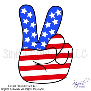 May include: A peace sign hand gesture with the American flag design. The hand is red, white, and blue with white stars on the blue fingers.