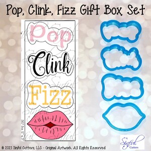 May include: A set of cookie cutters for making cookies with the words "Pop", "Clink", and "Fizz" in a fun, bubbly font. The set also includes a lip-shaped cutter. The cutters are blue and the words are pink, yellow, and black.