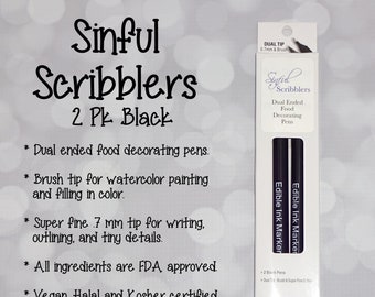 Black Sinful Scribblers Fine Line / Dual Ended - 2 Black Pens Kit Food Decorating Pens -  Food Safe Markers