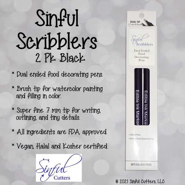 Black Sinful Scribblers Fine Line / Dual Ended - 2 Black Pens Kit Food Decorating Pens -  Food Safe Markers