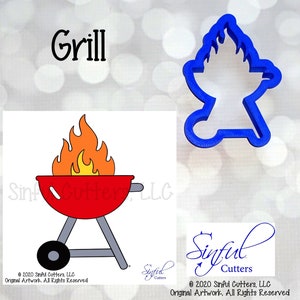 Puede incluir: Ilustración de una parrilla roja con llamas, un cortador de galletas de plástico azul en forma de parrilla y la palabra "Grill". La ilustración tiene una rueda negra y patas grises. El cortador de galletas es un contorno azul de una parrilla con llamas.