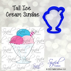 May include: A blue plastic cookie cutter in the shape of a tall ice cream sundae. The image also shows a drawing of a sundae with pink, blue, and light pink ice cream scoops, a striped straw, and the text "Tall Ice Cream Sundae."