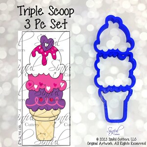 Dreifach Schaufel 3-teilige Cookie Cutter STL-Dateien, Druck zu Hause, Zuckerkekse, Fondant Clay, Backen, Valentinstag, Sommerparty, Eistüte