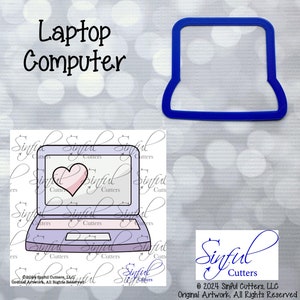 May include: A purple and blue cookie cutter in the shape of a laptop computer with a heart on the screen. The text "Sinful Cutters" is on the bottom of the image.