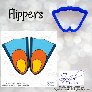 May include: A blue cookie cutter in the shape of a pair of flippers, next to a blue flipper-shaped cookie cutter. The image also shows a pair of cartoon flippers in blue, orange, and yellow. The word "Flippers" is written in black.