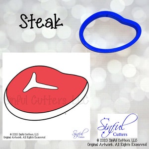 Könnte beinhalten: Ein blauer Ausstecher in Steakform neben einer Cartoon-Illustration eines Steaks. Die Illustration ist rot mit einem weißen Knochen und weißem Umriss. Das Wort "Steak" steht in schwarzer Schrift über der Illustration.