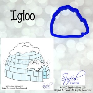 Op de afbeelding: Een blauwe plastic koekjesvorm in de vorm van een iglo naast een tekening van een iglo met een met sneeuw bedekt dak. Het woord "Igloo" staat in zwart schrift boven de tekening. De afbeelding bevat ook de tekst "© 2020 Sinful Cutters, LLC Original Artwork, All Rights Reserved."