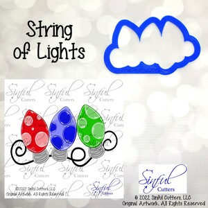 May include: A cookie cutter in the shape of a string of Christmas lights. The lights are red, blue, and green with white polka dots. The cutter is made of blue plastic and has the words "String of Lights" written on it.