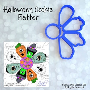 May include: A blue cookie cutter set of five pieces shaped like a pumpkin, ghost, witch, and two Frankenstein's monsters. The cookie cutters are arranged in a circle around a white card with a colorful illustration of a pumpkin, ghost, witch, and two Frankenstein's monsters. The card has the text 'Trick or Treat' in the center and the text 'Sinful Cutters' in the bottom right corner. The card also has the copyright information '© 2022 Sinful Cutters, LLC. Original Artwork. All Rights Reserved.'